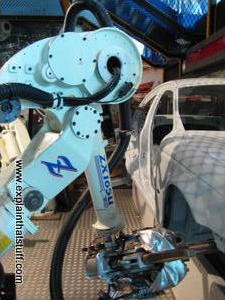 Industrial robot arm welding a Jaguar car