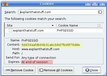 Typical contents of the PHPSESSID cookie and when it expires.