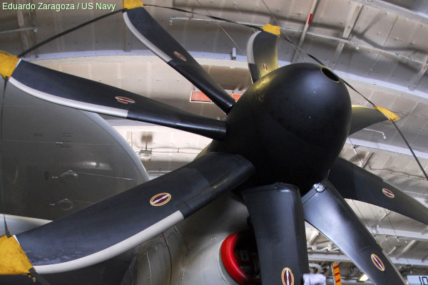 An airplane propeller showing how the blades are twisted and make an angle to the hub.