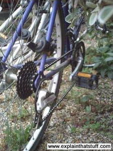 Rear wheel of a bicycle showing pedal and gears