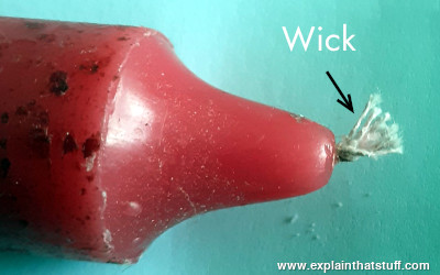 White cotton threads in the wick of an unburned candle 