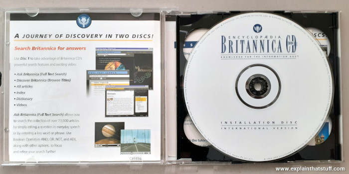 Open jewel case showing Britannica CD-ROM 1999 multimedia edition and inlay card