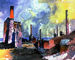 Cornish tin mine on a hillside. Watercolor artwork by Peter Woodford.