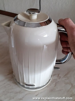 A white plastic electric jug kettle.