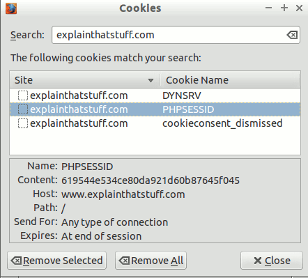Cookies used by explainthatstuff.com, showing the contents of the PHPSESSID cookie and when it expires.