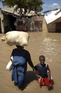 Mother and child in flooded city