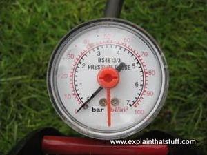 The air pressure gauge on the top of a typical foot pump