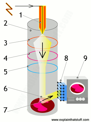 Labelled artwork showing how a scanning electron microscope (SEM) works.