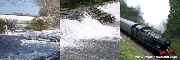 Three states of water: solid ice and snow in a field, liquid water in a river, and steam water vapor rising from a steam engine.