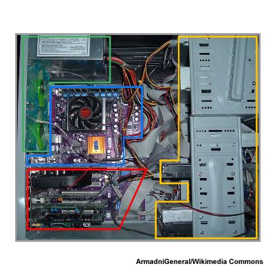 Photo of the components inside a PC case by ArmadniGeneral/Wikimedia Commons