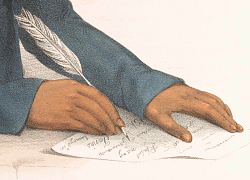 Cherokee John Ridge writing on paper with a quill pen.