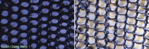 Left: Liquid crystals blocking light from passing through them and appearing opaque. Right: Liquid crystals allowing light to pass through them and appearing transparent. Both photos courtesy of David Weitz and NASA Marshall Space Flight Center (NASA-MSFC).