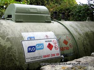 A large white LPG propane tank outside a building