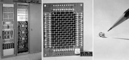 Left: A large magnetic core memory unit from 1954. Middle: A magnetic core memory circuit from the unit. Right: An individual ferrite magnetic memory core from the circuit