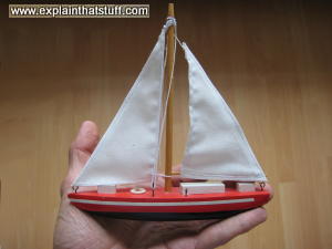 A wooden model of a yacht.