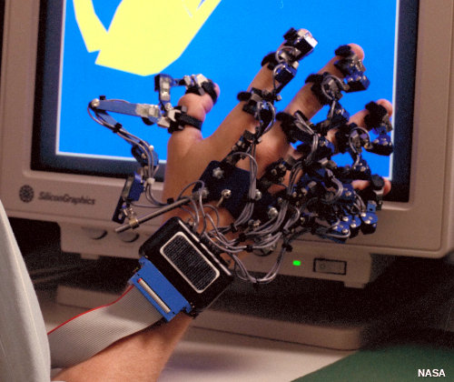 Closeup of a virtual reality dataglove showing how the individual knuckles and fingers are monitored.