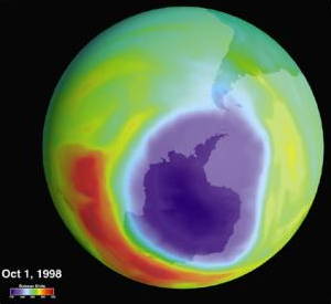 Hole in the ozone layer over Antarctica in October 1998.