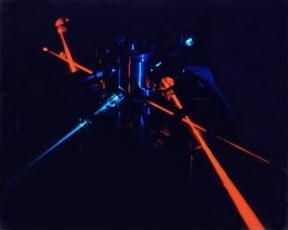 Red and blue laser beams in a science experiment