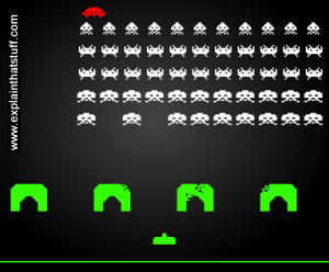 Screenshot of an early pixelated space invaders arcade game.